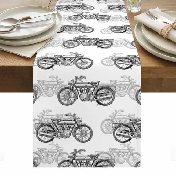 Gray Motorcycles Cotton Linen Table Runner Vehicles Wheels Nostalgia Abstract Dining Table Runners for Home Decor Party Dining Room Restaurant Kitchen Party 13" x 48"