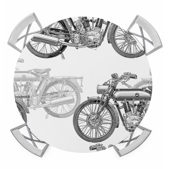 Gray Motorcycles Round Table Cover, Vehicles Wheels Nostalgia Abstract Waterproof Fitted Tablecloths for 36"-44" Tables, Washable Picnic Table Cover for Camping Dining Indoor Outdoor