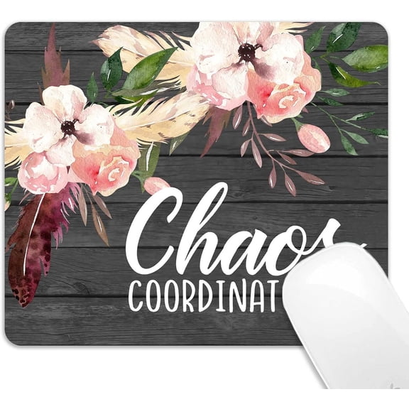 Gray Mouse Pad, Chaos Coordinator Quote Mouse Pad, Vintage Floral Dark Grey Wood Grain Mouse Pads for Computers, Pink Flowers Mouse Mat for Office Decor for Women, 9x8 inch