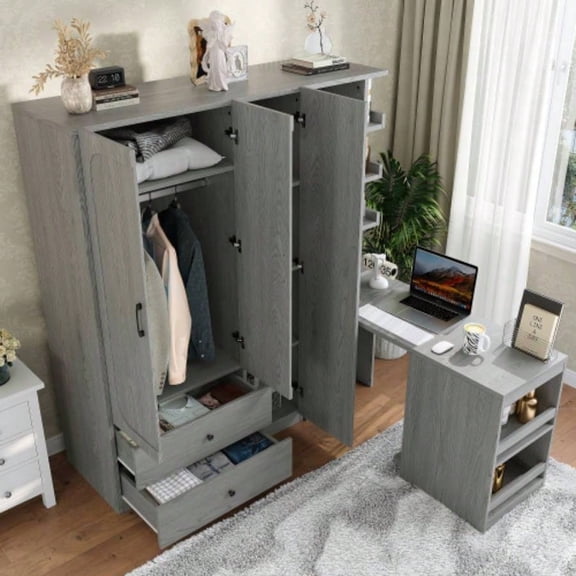 Gray Multifunctional Wooden Wardrobe, 2 Doors + Hanging Rod + Convertible Desk + Drawers, for Bedroom Laundry Room