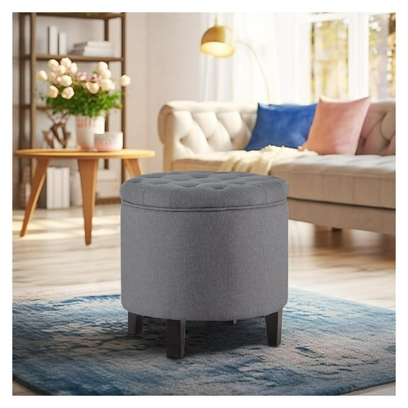 Gray Nailhead Round Tufted Storage Ottoman Large Footrest Stool Coffee Table Lift Top