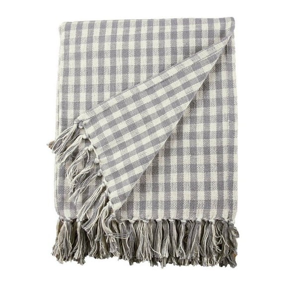 50" x 60" Light Gray & Natural Gingham Check Accent Throw Blanket w/ Fringe Tassels