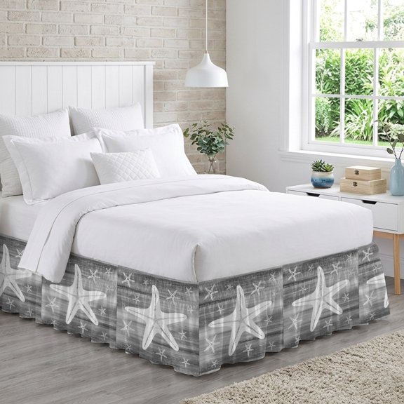 Gray Nautical Starfish Bed Skirt King Size 16 Inch Drop, Coastal Modern Summer Marine Life Adjustable Elastic Dust Ruffles Bedskirt for King Bed Wrap Around Pleated Mattress Frame Cover