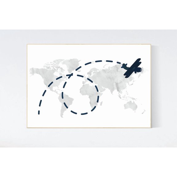 Gray Navy Airplane Adventure World Map Poster