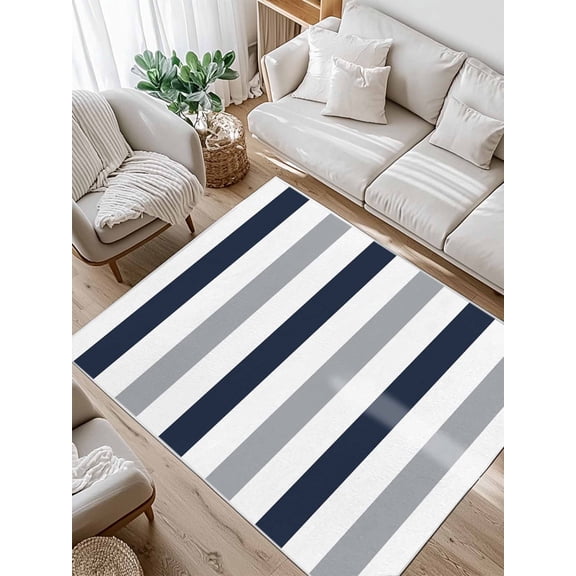 Gray Navy Blue Striped Area Rug for Bedroom 4x6 Ft Modern Abstract Super Soft fuzzy Throw Rug Non-Slip Fluffy Plush Indoor Floor Carpet for Living Room Nursery Home Decor