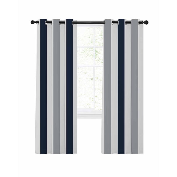 Gray Navy Blue Striped Blackout Curtains for Bedroom Living Room, Modern 45 In Long Thermal Insulated Room Darkening Drapes Grommet Window Treatments, 42 x 45 In