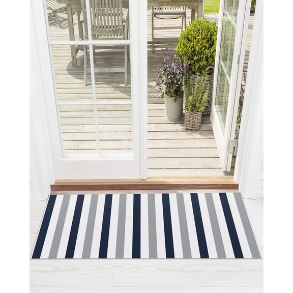 Gray Navy Blue Striped Front Door Mat Modern Abstract Welcome Doormat Indoor Outdoor Entrance Floor Mat Non-Slip Washable Runner Rug for Front Porch Decor 18x60 Inch