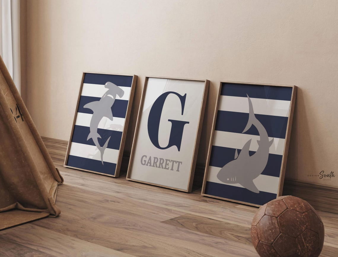 Shark Project Drawings Gray Navy Shark Wall Art Prints, Boys Coastal Nursery Gallery Decor ...