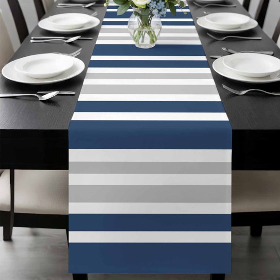 Gray Navy Table Runner, Blue Stripe Minimalist Vertical Stripes Modern Art Washable Cotton-linen Table Runners Dining Kitchen Decoration for Everyday Home Wedding Party Decor, 13 x 36 Inch