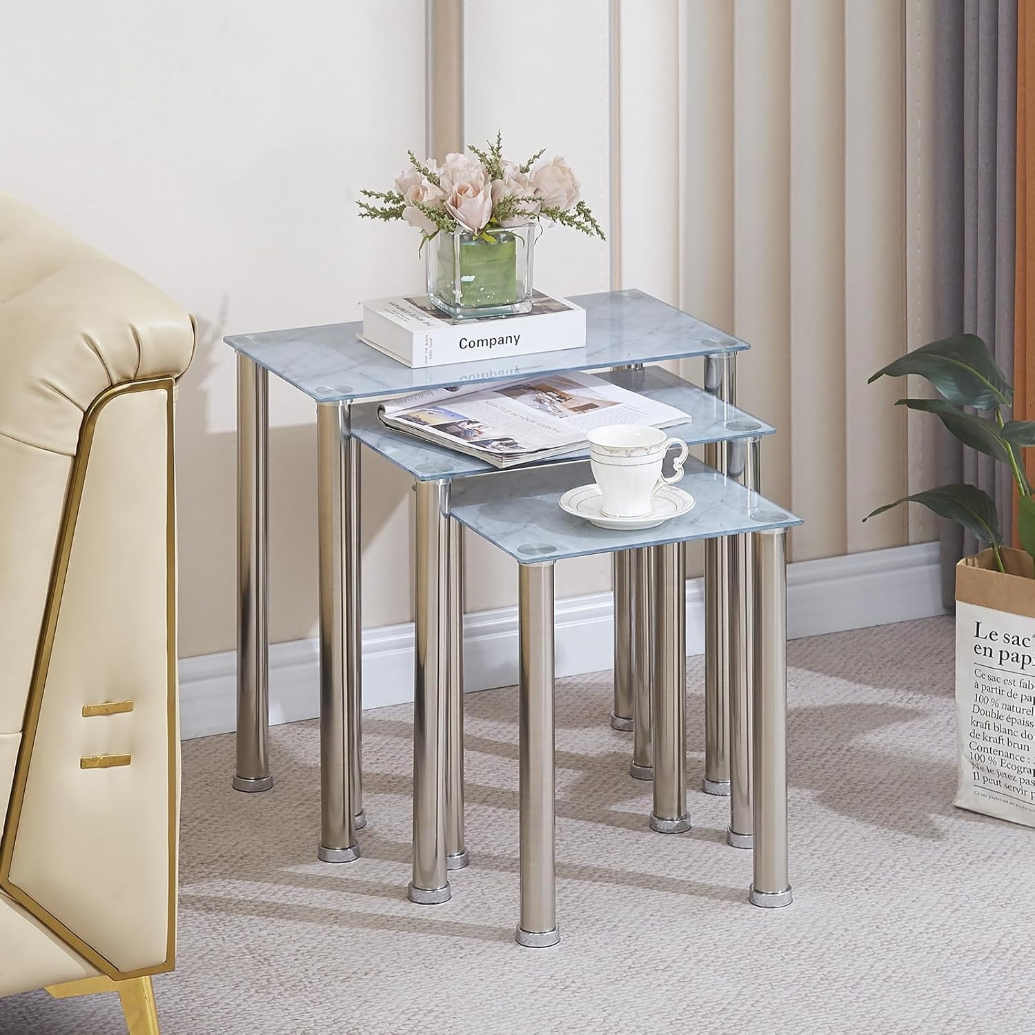 Gray Nesting Table Set of 3 Modern Glass Nesting Table for Living Room ...