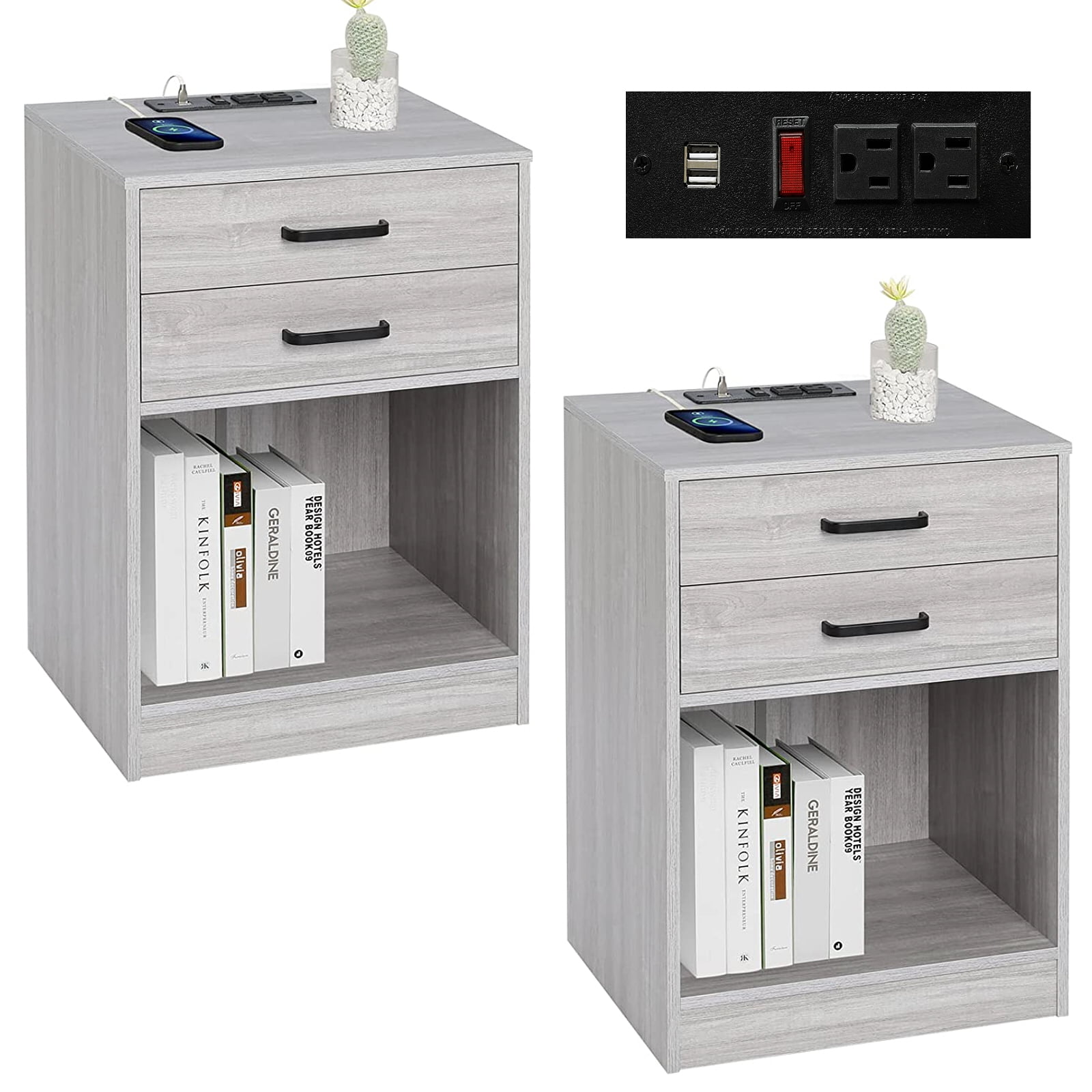 Gray Nightstand Set of 2 with 2 Drawers &Charging Station for Bedroom  Living Room - Walmart.com