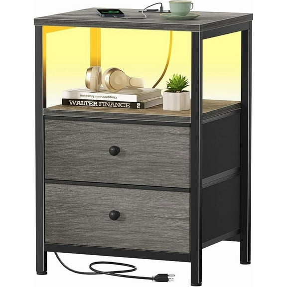 White Nightstand with Charging Station, LED Night Stand with 2 Fabric Drawers, Bedside Table with USB Ports and Outlets, Nightstand for Bedroom Modern