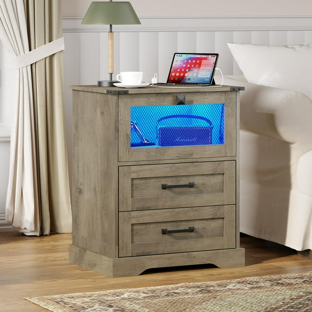 Gray Nightstand with USB Ports & Power Outlet for Bedroom, Storage