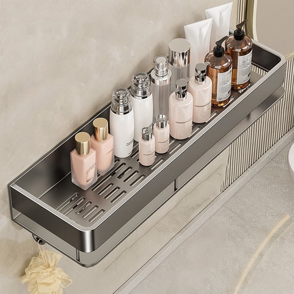 Gray No Drill Bathroom Shelf - Space Aluminum Rustproof Waterproof Adhesive Mounted with Hooks, Toiletry Cosmetics Storage (12x4.9x2.2in)