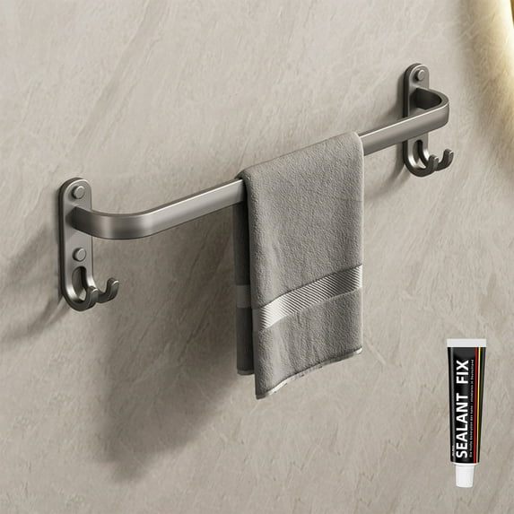Gray No-Drill Bathroom Towel Bar with Hooks | 19.7-Inch Wall Mounted Towel Rack | Aluminum Alloy Storage Rod for Towels & Robes