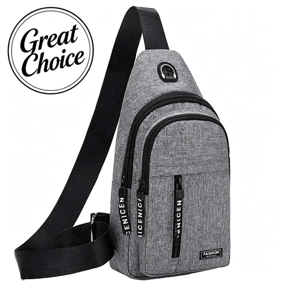 Gray Nylon Sling Crossbody Chest Bag with Multi-Pockets, Earphone Hole & Adjustable Strap, Lightweight Water-Resistant Daypack for Travel, Hiking & Daily Use