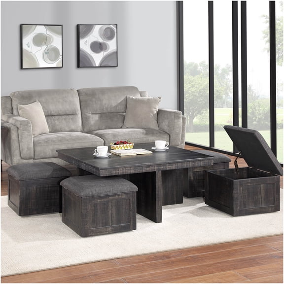 Gray Oak Coffee Table Set with 4 Storage Ottomans, Lift Top Sofa Table with Wheels and Hidden Compartment for Living Room