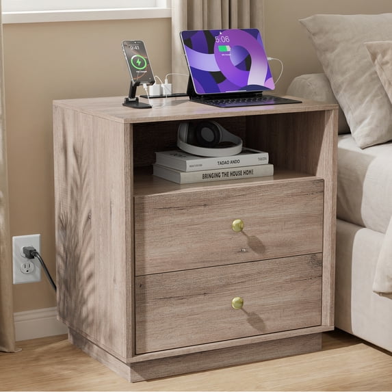 Gray Oak Nightstands with Charging Station, 2 Drawers & Open Shelf, Wide Bedside Tables for Bedroom, End Side Table