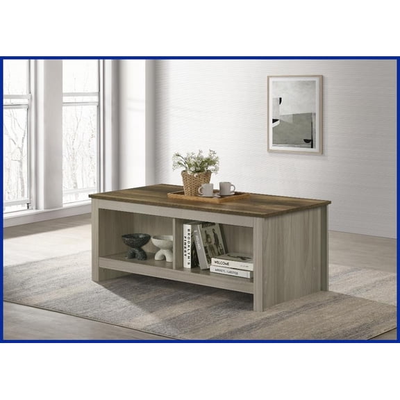 Gray Oak Nyla Coffee Table with Contrasting Walnut Top, Double-Sided Shelves & Easy Assembly for Living Room
