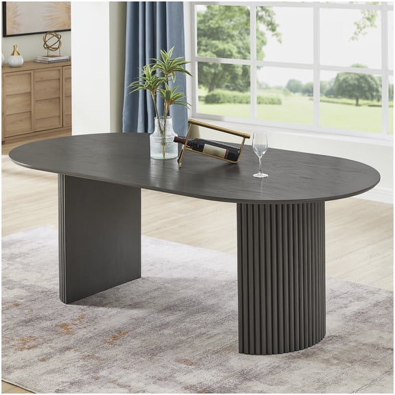 Gray Oak Oval Dining Table with Dual Pedestal, 80 Inch Farmhouse Modern Table for Kitchen Dining Room