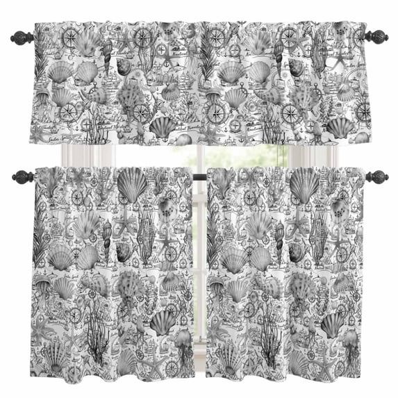 Gray Oceans Starfish Kitchen Curtains Valances and Tiers Set of 3 Shell Marine Life Nautical Modern Style Retro Tier Curtains and Valance with Rod Pocket for Small Windows, 27.5"x36"