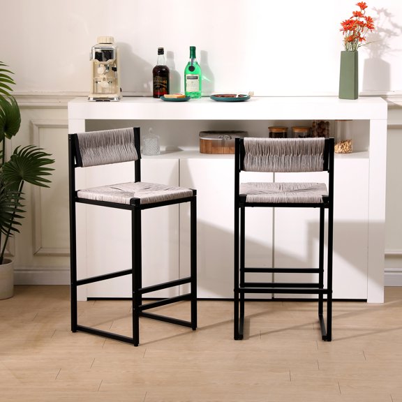 Gray Office Bar Stools With Back, Handmade Paper Rope Weave Seat And Metal Frame Of 2 Counter Height - & Construction. Fits Living Room, Spaces