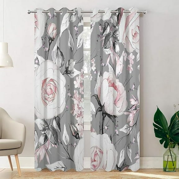 Gray Oil Painting Blackout Curtains For Bedroom, Pink Rose Flowers And Leaves Floral Pattern Grommet Top Drapes Thermal Insulated Window Curtains 42"W x 84"L (Pack of 2)