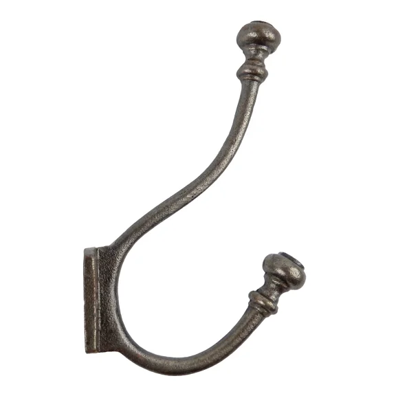 Gray Oil Rubbed Raw Cast Iron Fancy Double Wall Hook Hat Coat Towel Hanger 6 In