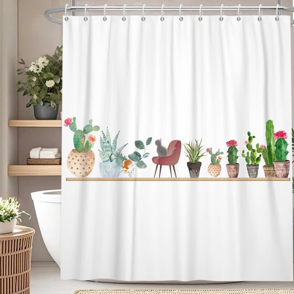 Funny Cats Shower Curtain Summer Tropical Cactus Succulent Bath Curtain for Bathroom Decor with Hooks 72x72 in