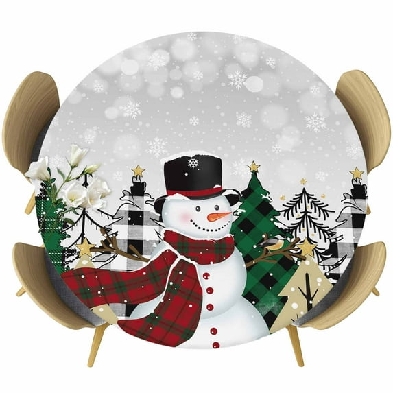 Gray Omber Snowman Christmas Table Cloth, Round Fitted Tablecloths with Elastic Edge, Xmas Tree Winter Snowman Wipeable Waterproof Table Cover for Kitchen Wedding 36-44 Inches