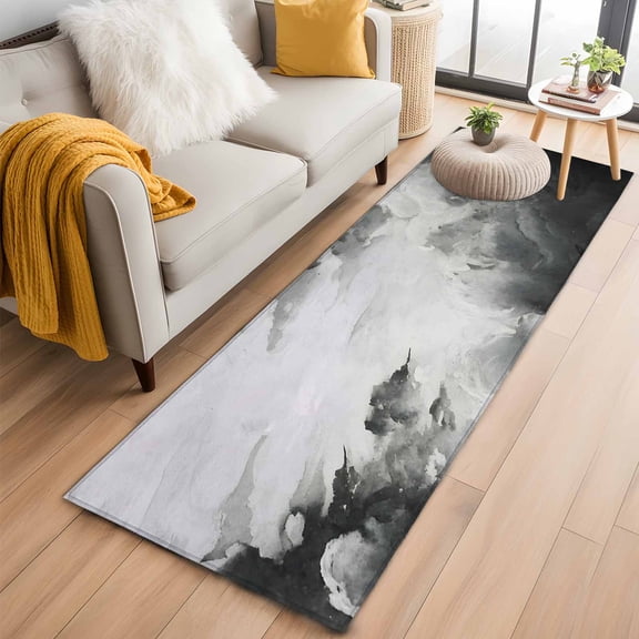Gray Ombre Clouds 2'x6' Runner Rugs for Hallway Kitchen Bedside Non Slip Washable, Modern Abstract Art Gradient Cloud Entryway Rug Runners with Rubber Backing, Long Carpet Runner for Laundry Room