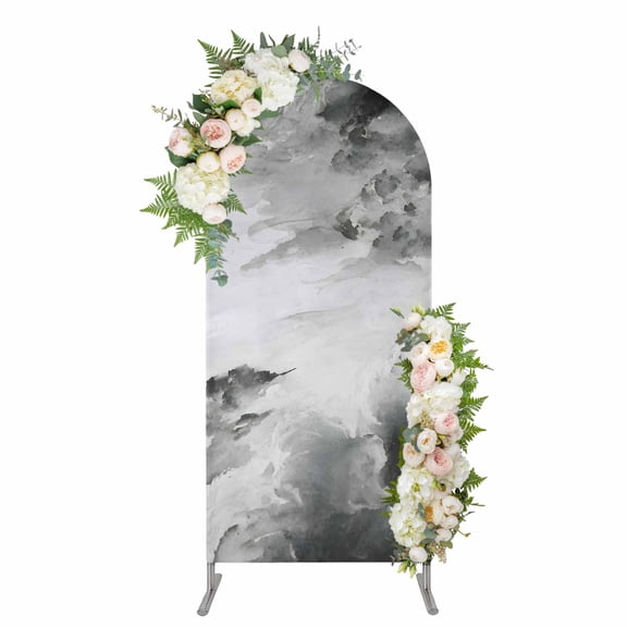 Gray Ombre Clouds Arch Backdrop Cover 4FT, Modern Abstract Art Gradient Cloud Spandex Fitted Stretchy Arch Stand Covers, Round Top Chiara Backdrop Cover for Wedding Party Birthday Baby Shower