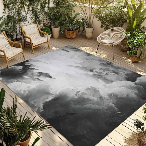 Gray Ombre Clouds Outdoor Rug for Patio/Deck/Porch, Non-Slip Large Area Rug 5 x 8 Ft, Modern Abstract Art Gradient Cloud Indoor Outdoor Rugs Washable Area Rugs, Reversible Camping Rug Carpet Runner