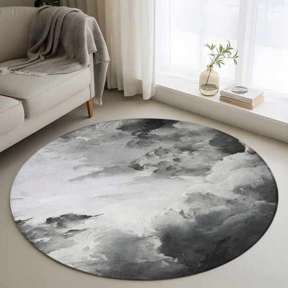 Gray Ombre Clouds Round Area Rug 3.3Ft Washable Circle Rugs for Dining Room Table, Modern Abstract Art Gradient Cloud Non-Slip Carpet Floor Mats Indoor Outdoor Carpet Runner Aesthetic Home Decor