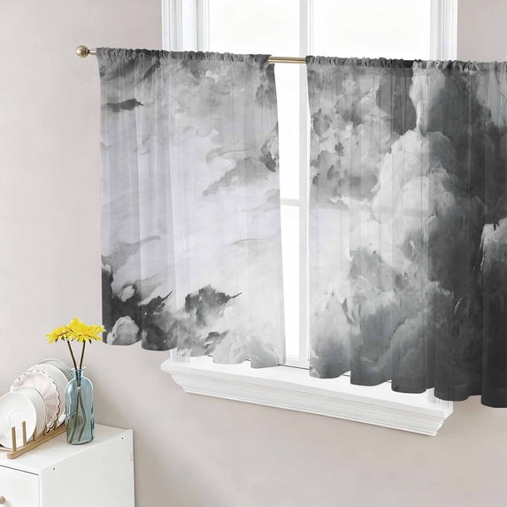 Gray Ombre Clouds Sheer Curtains 45 Inch Length 2 Panels Set, Modern Abstract Art Gradient Cloud Voile Window Treatment Rod Pocket Small Kitchen Curtains Drapes for Bedroom 52"x45"x2