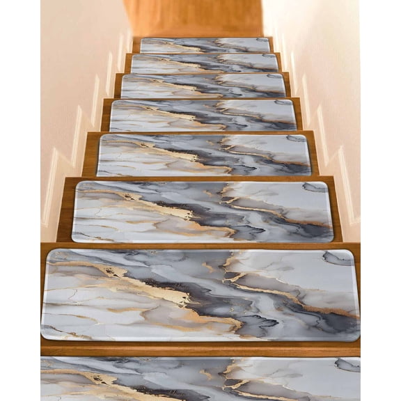 Gray Ombre Marble Stair Treads for Wooden Steps Indoor Runner Rug Carpet, Abstract Art Contemporary 7 Pieces Peel and Stick Staircase Step Treads Covers Washable Throw Door Mats, 30"x8"