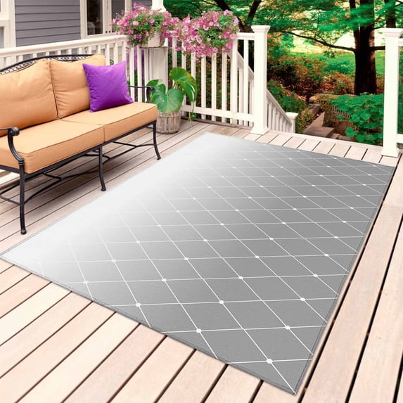 Gray Ombre Outdoor Rug for Patio/Deck/Porch, Non-Slip Large Area Rug 5 x 8 Ft, Modern Geometric Abstract Rhombus Striped Indoor Outdoor Rugs Washable Area Rugs, Reversible Camping Rug Carpet Runner
