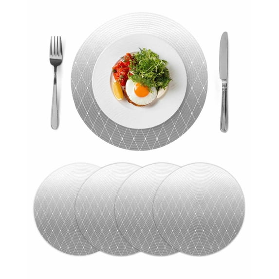 Gray Ombre Round 13 Inch Placemats Set of 4, Modern Geometric Abstract Rhombus Striped HeatResistant Non Slip Place Mats for Dining Table, Wipeable Braided Kitchen Table Mats for Housewarming