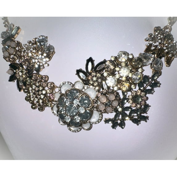 Gray, Opal Dusty Pink, and Hematite Flower Exquisite Rhinestone Statement Necklace
