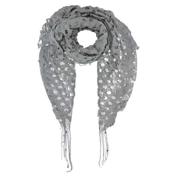 Gray Open Knit Lace Net Fringed Shawl Scarf Wrap