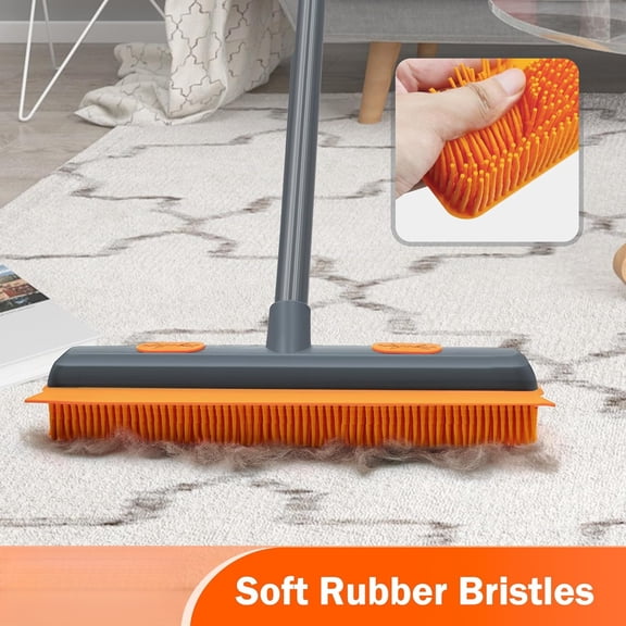 Gray Orange 57.5" Rubber Pet Hair Removal Broom with Silicone Squeegee & Lint Comb for Rug Tile Hardwood Floor