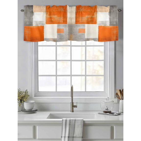 Gray Orange Color Block Valances for Windows,Kitchen Valance Rod Pocket Short Curtain,Watercolor Oil Painting Art Valance Curtain Window Valances for Bedroom Living Room 54"x18"