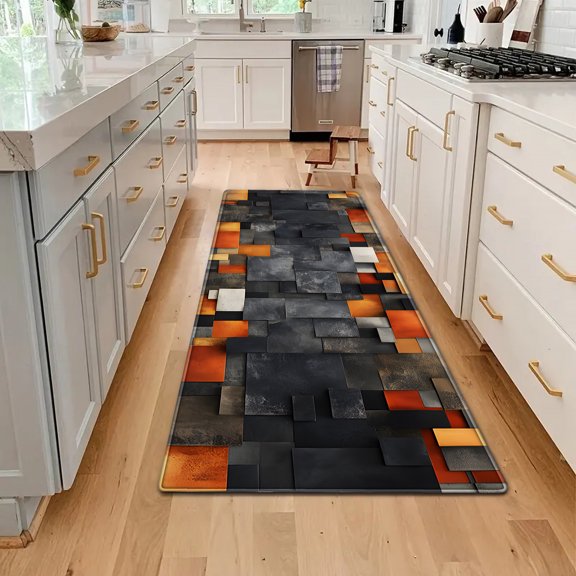 Gray Orange  Grid Print Kitchen Carpet Set, Non-Slip Absorbent Floor Mat, 0.4" Thick Sponge Comfort Standing Mat for Gaming Living Room Bedroom