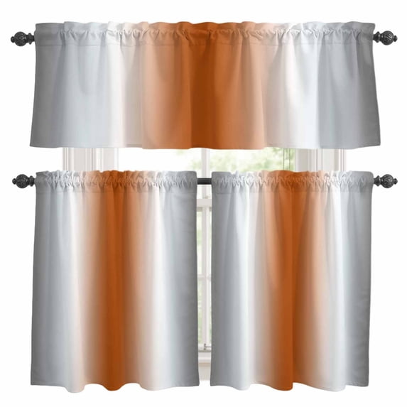 Gray Orange Kitchen Curtains Sets for Windows 24 Inch Length, Modern Gradient Geometric Rod Pocket Window Treatments Tier Curtains and Valances Set for Bedroom/Bathroom