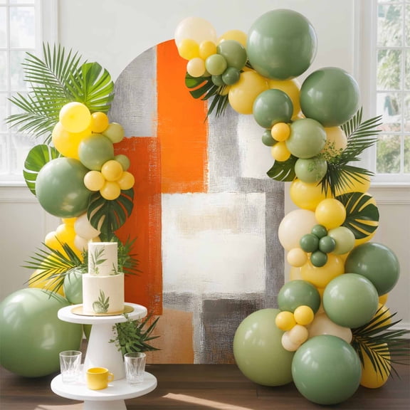 Gray Orange Paint Arch Backdrop Cover, 7.2FT, Abstract Mottled Oil Painting Texture Spandex Arch Covers Double-Sided Backdrop for Wedding Birthday Party Photo Background Decoration