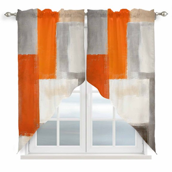 Gray Orange Paint Swag Valances for Windows 2 Pack Abstract Mottled Oil Painting Texture Swag Kitchen Curtains 36 Inches Long Rod Pocket Short Window Treatment for Kitchen Bathroom 36"x36"
