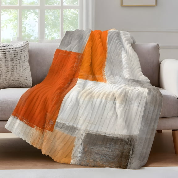 Gray Orange Paint Throw Blanket for Couch Abstract Mottled Oil Painting Texture Soft and Warm Flannel 3D Striped Fluffy Fuzzy Fleece Blanket Lightweight Throw for Bed, Sofa 50 x 80 Inches