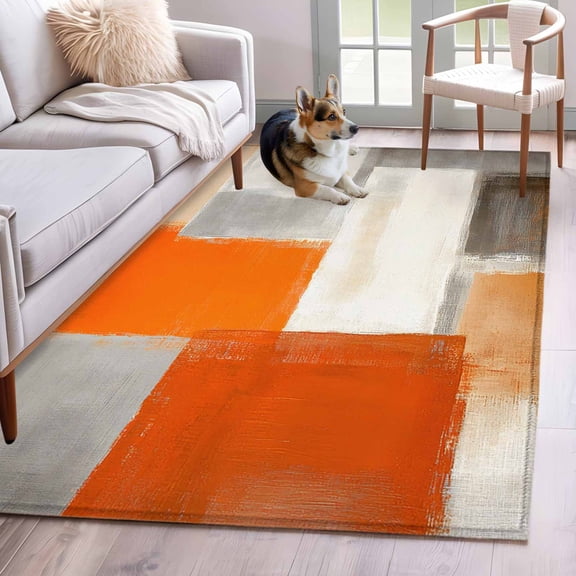 Gray Orange Paint Washable Area Rug 4x6 111 Abstract Mottled Oil Painting Texture Low-Profile Large Area Rugs with Non Slip Backing Indoor Floor Carpet for Entrance Living Room Bedroom Home Office