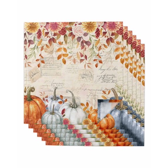 Gray Orange Pumpkin Fall Cloth Napkins Set of 6 Reusable Dinner Napkins, Thanksgiving Floral Leaves Retro Cocktail Napkin Washable Table Napkins for Wedding/Holiday Party/Baby Shower 20"x20"
