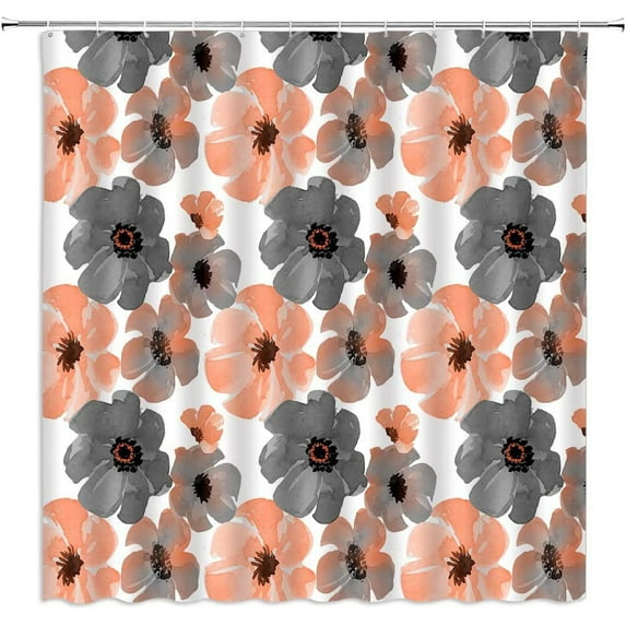 Gray Orange Shower Curtain Watercolor Flower Retro Floral Morden Boho Spring Garden Plant Fabric Bathroom Decor Set with Hooks (36" WX70 H)